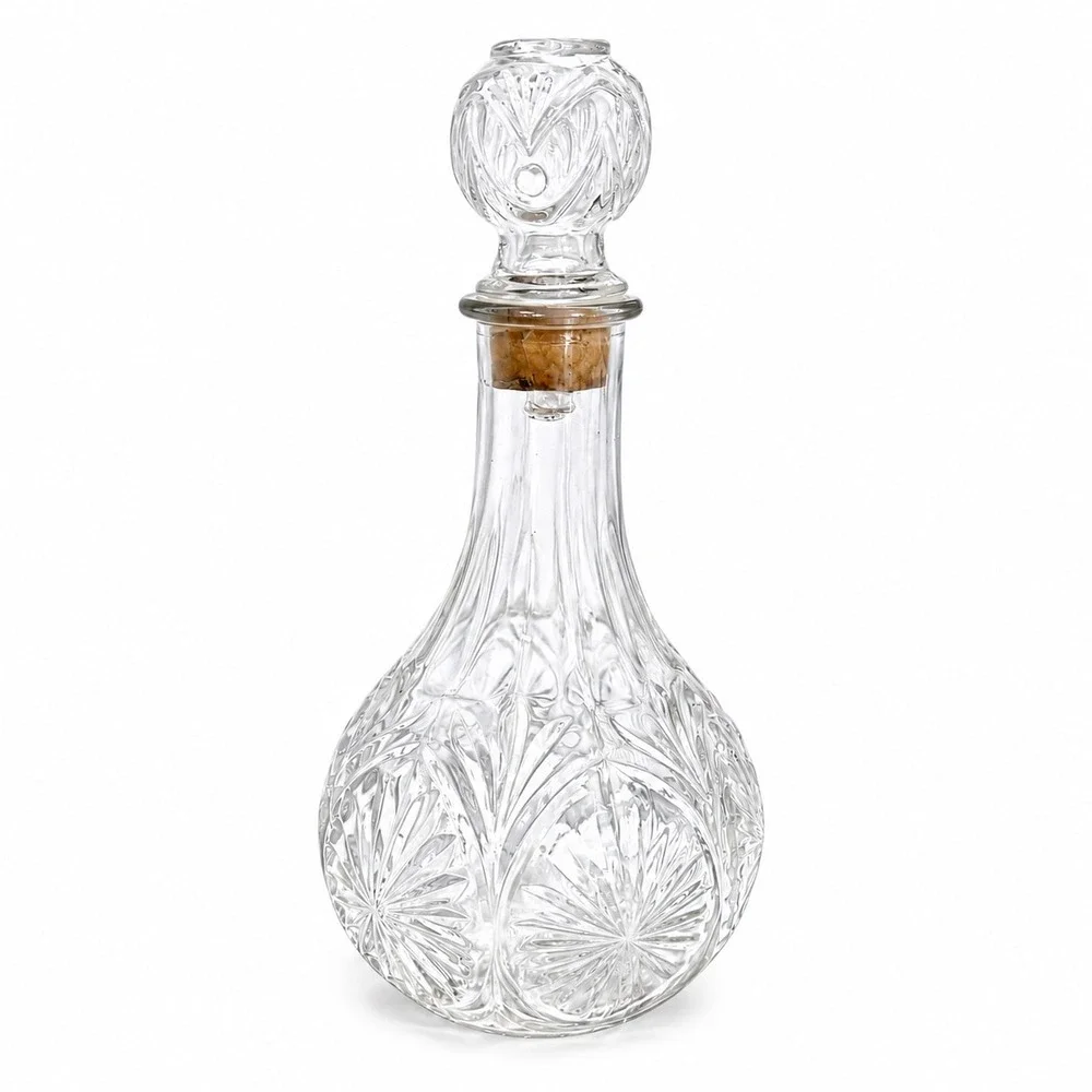 Vintage Cut Glass Wine Liquor Decanter with Stopper Starburst Clear Crystal